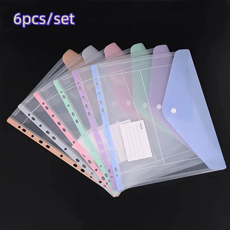 Expandable binder pockets 6pcs set in pastel colors, 11-hole side-opening folders with snap buttons, Simples Market