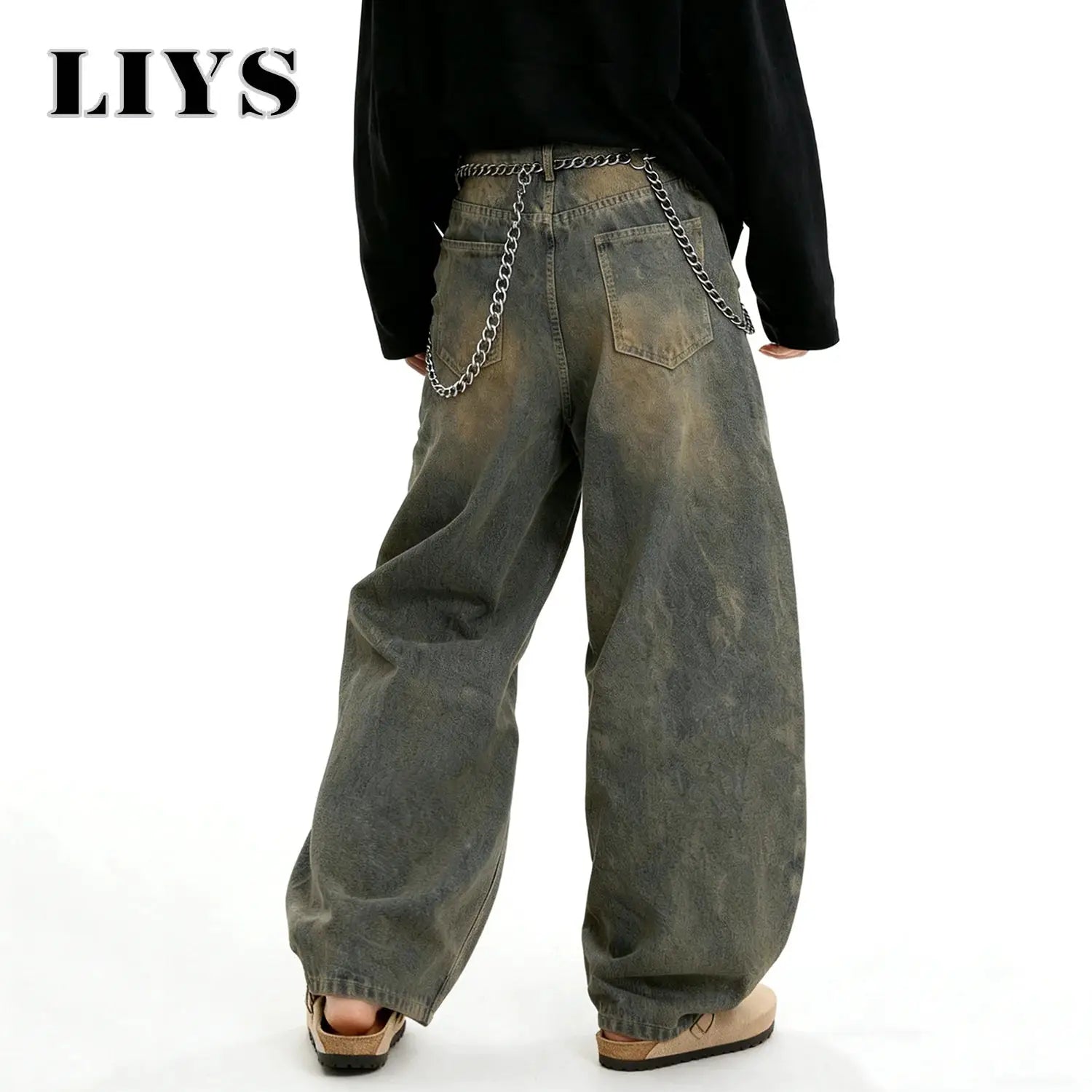 LIYS baggy wide-leg distressed denim jeans with silver chain, olive wash, unisex