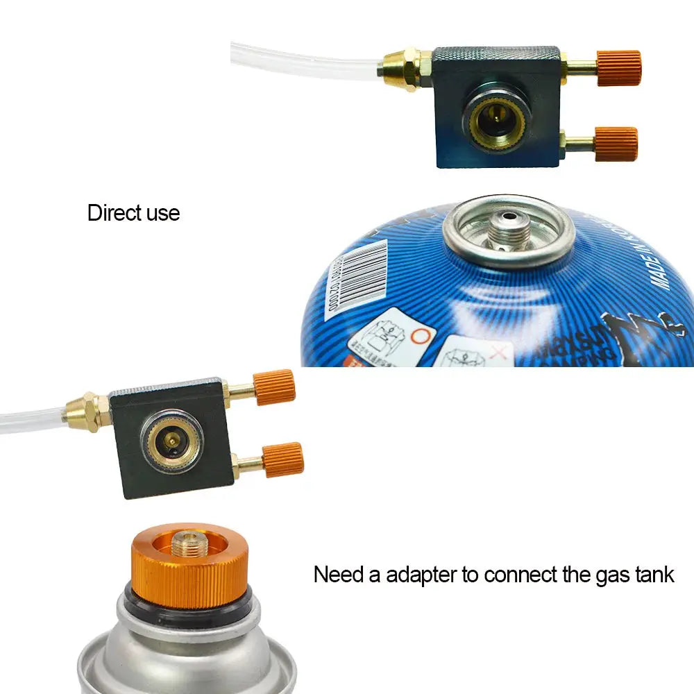 Two black camping gas refill adapters with orange knurled knobs and a blue gas canister