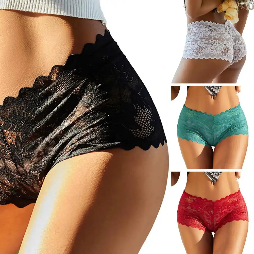 Simples Market women lace hollow-out mid-waist panties set of 4 in black, white, teal, red