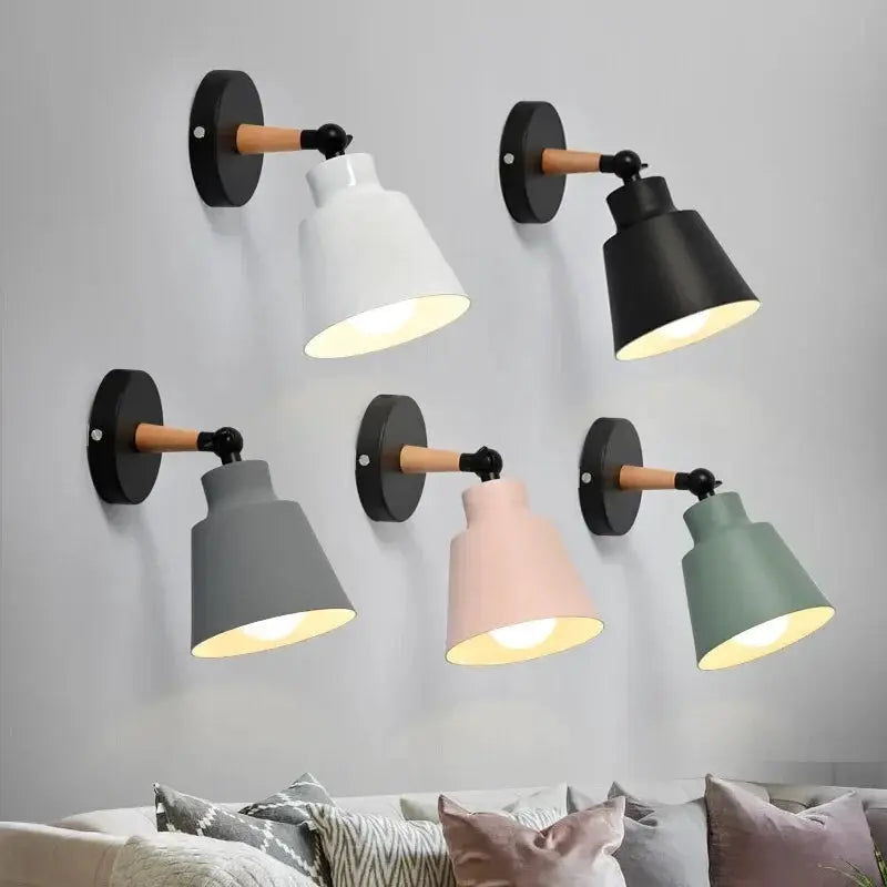 Nordic solid wood LED wall lamp set (6 pcs) with wooden arms and multicolor shades by Simples Market