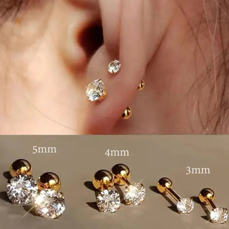 3 Pairs Classic Round Zirconia Stud Earrings in stainless steel by Simples Market; includes 5mm, 4mm and 3mm sizes