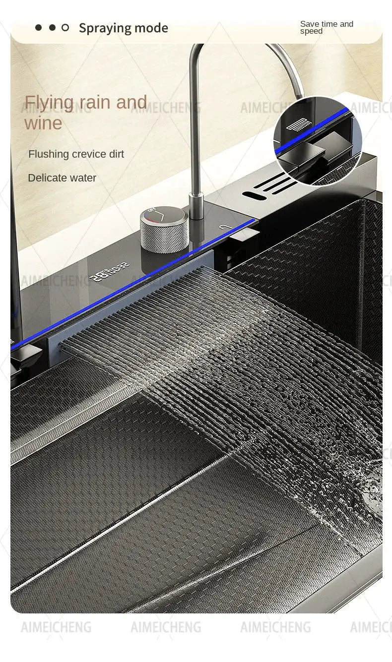 Stainless steel waterfall kitchen sink with embossed large single-slot basin and left-side drainage, Simples Market