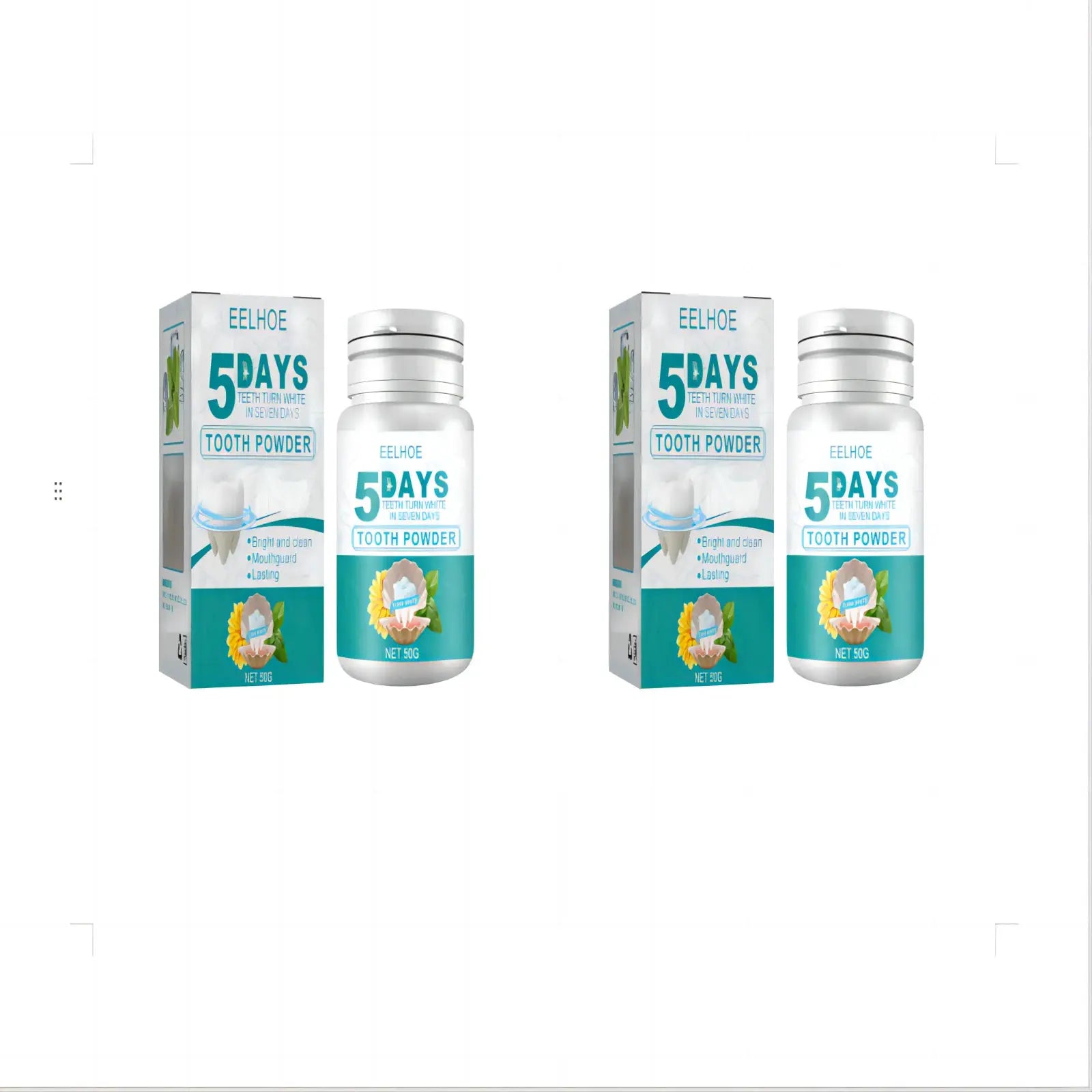 EELHOE 5 Days Tooth Powder boxes and bottles, white with turquoise accents, two sets