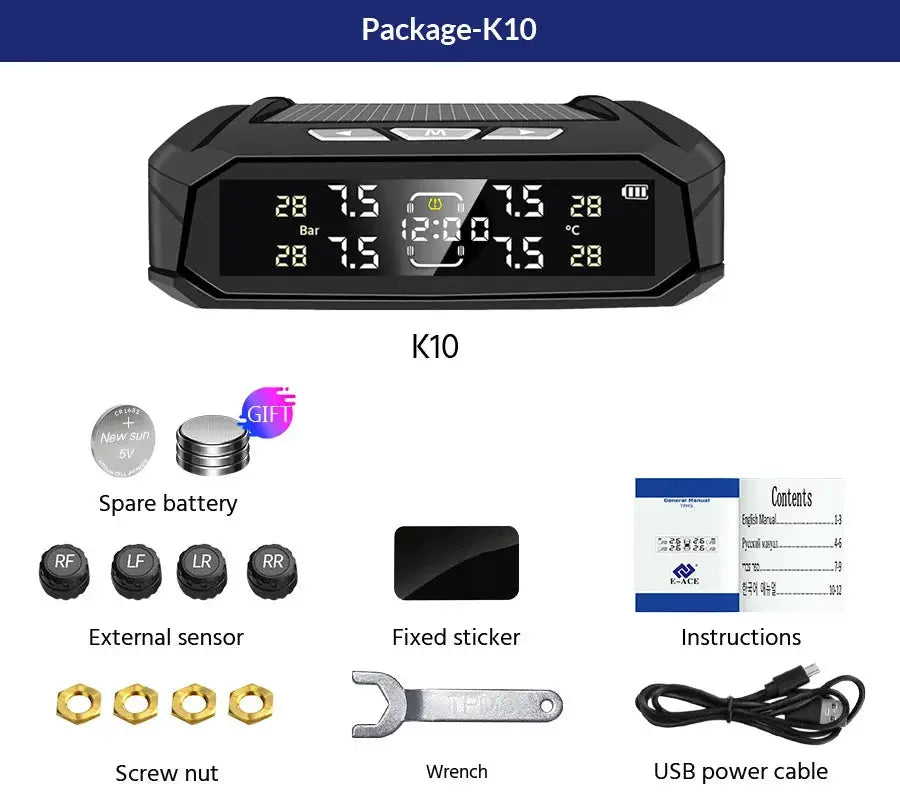 E-ACE TPMS K10 black display unit with solar LCD; includes 4 external sensors, spare battery, wrench, USB cable