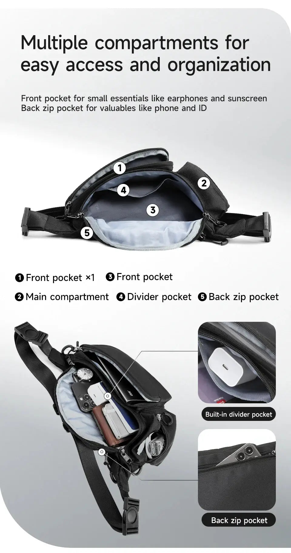 Tigernu chest bag for men by Simples Market; black tactical crossbody bag with multiple pockets