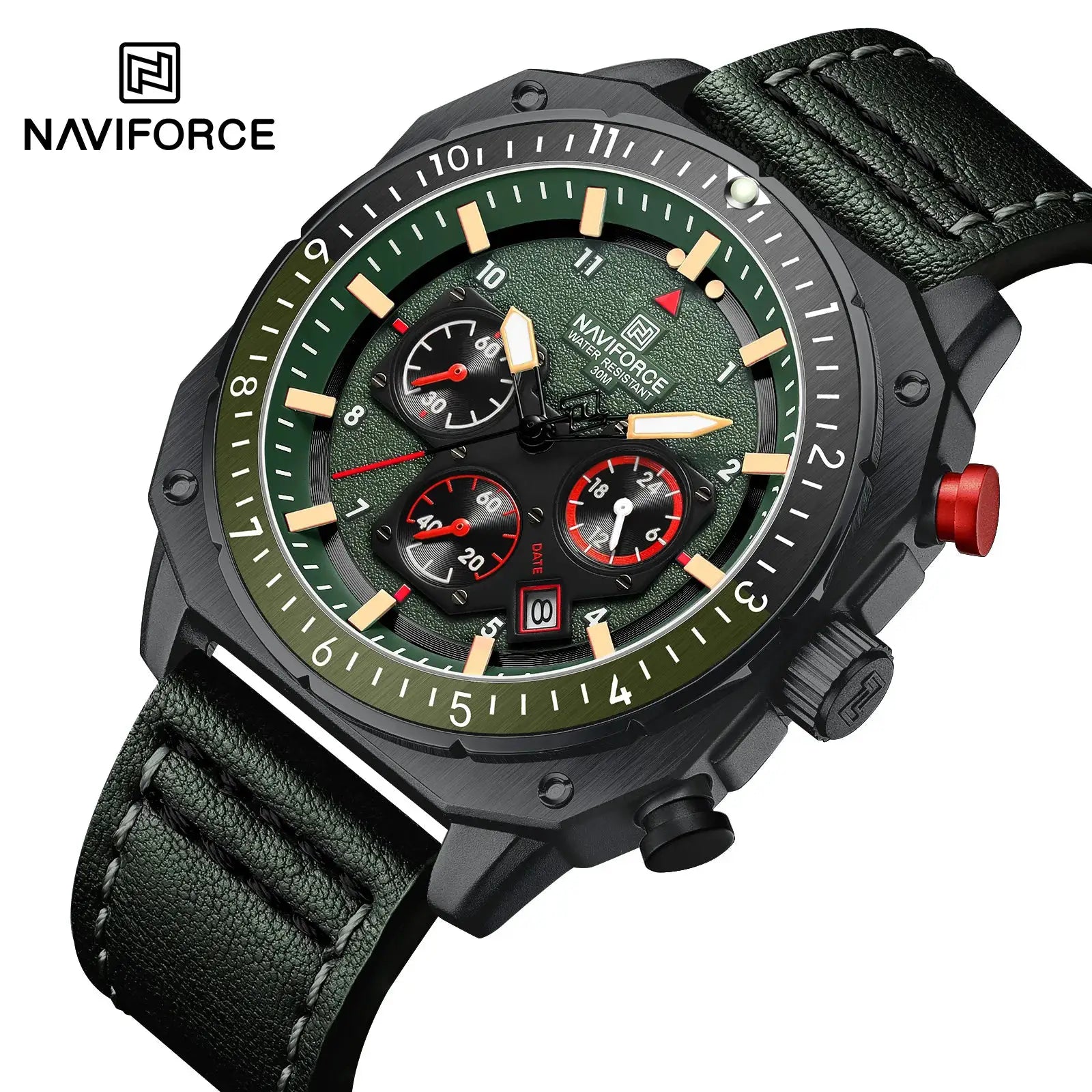 NAVIFORCE men's multifunction waterproof watch with green dial, black case and green leather strap