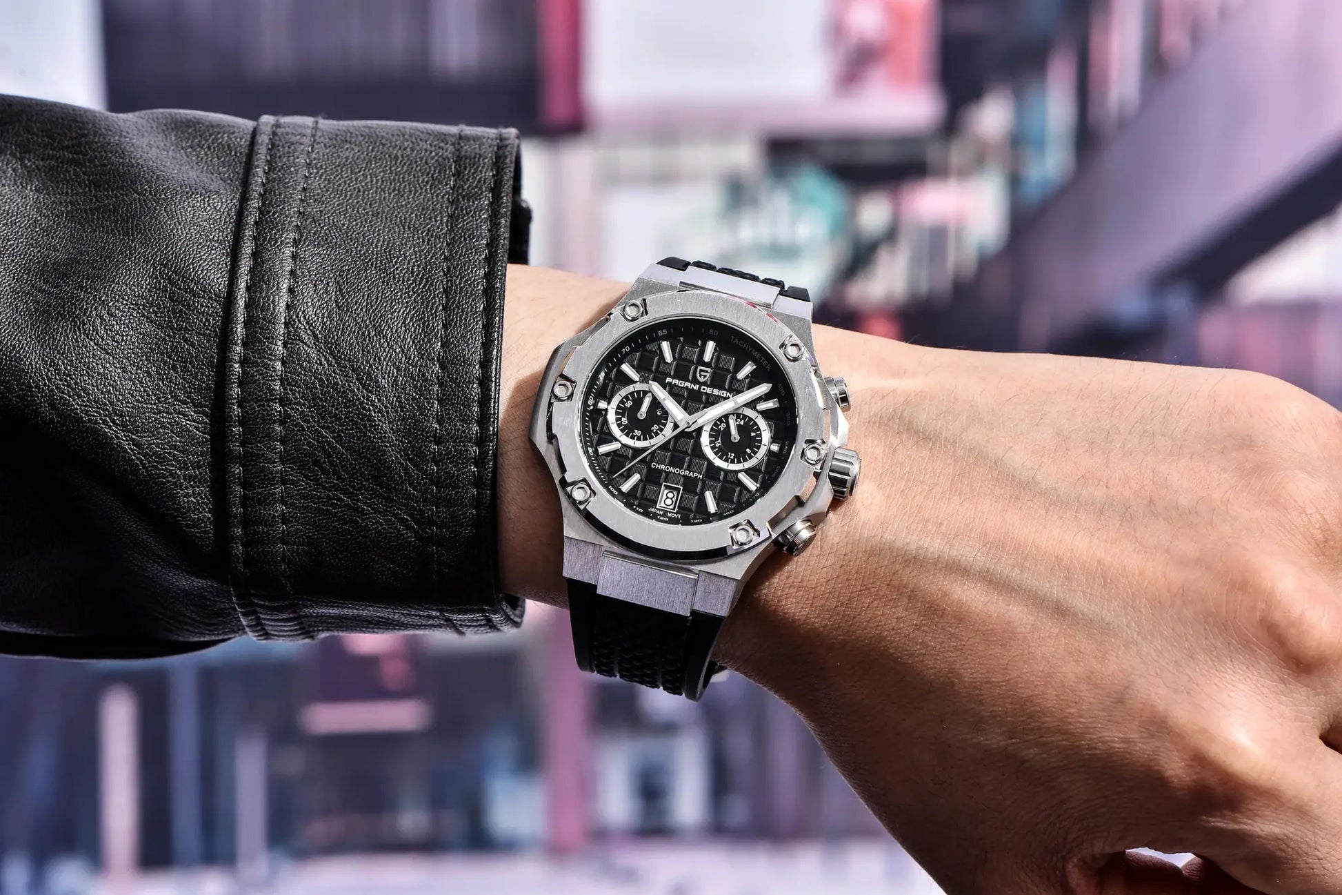PAGANI DESIGN men's chronograph watch with stainless steel case, black dial, and black rubber strap