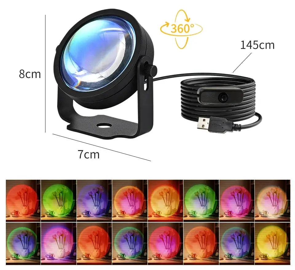Smart Sunset Lamp by Simples Market; USB RGB projector in black with 8 cm head, 145 cm cable, 360° rotation.