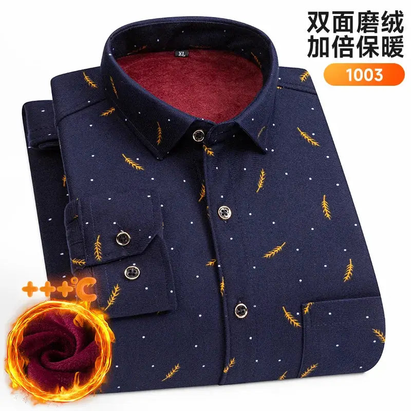 Men's navy fleece shirt with white dots and yellow leaf accents, double-sided warm top