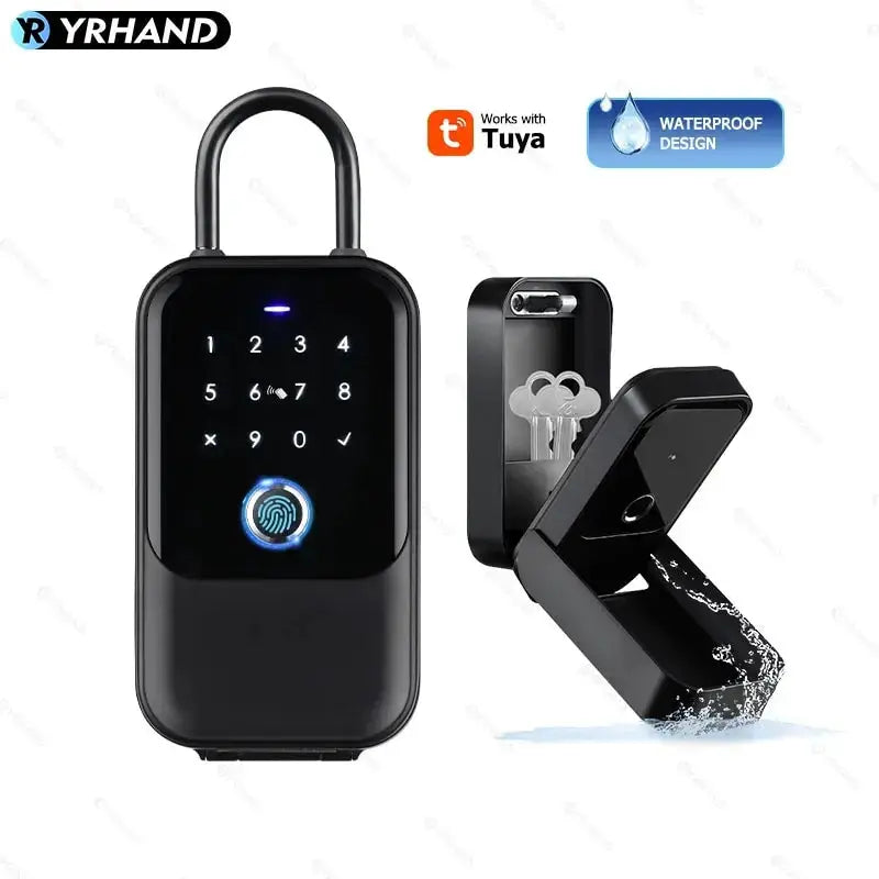 YRHAND black TTlock smartkey lock box with keypad and fingerprint; a second black key safe with keys