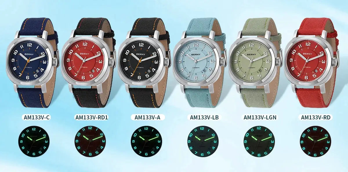 BERNY mechanical watches for women: 6 colorways in blue, red, black, light blue, olive, and red straps