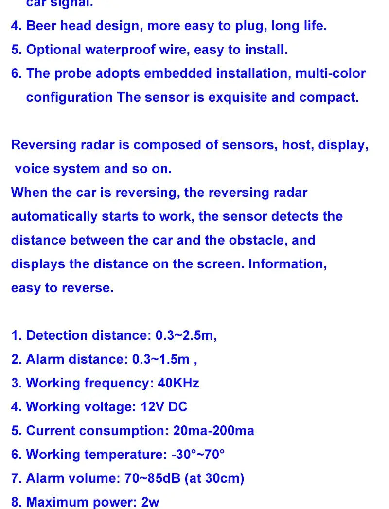 12V 16.5mm flat probe parking sensor kit with 4 sensors and buzzer, reversing radar specs by Simples Market