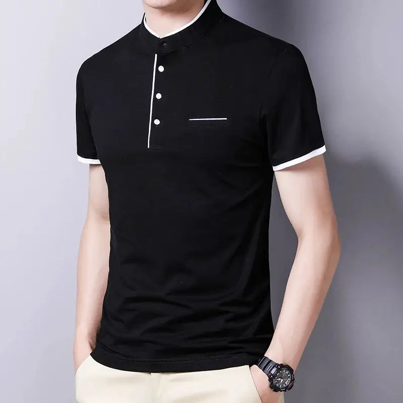 Black short-sleeve polo shirt with white stand-up collar trim and chest pocket