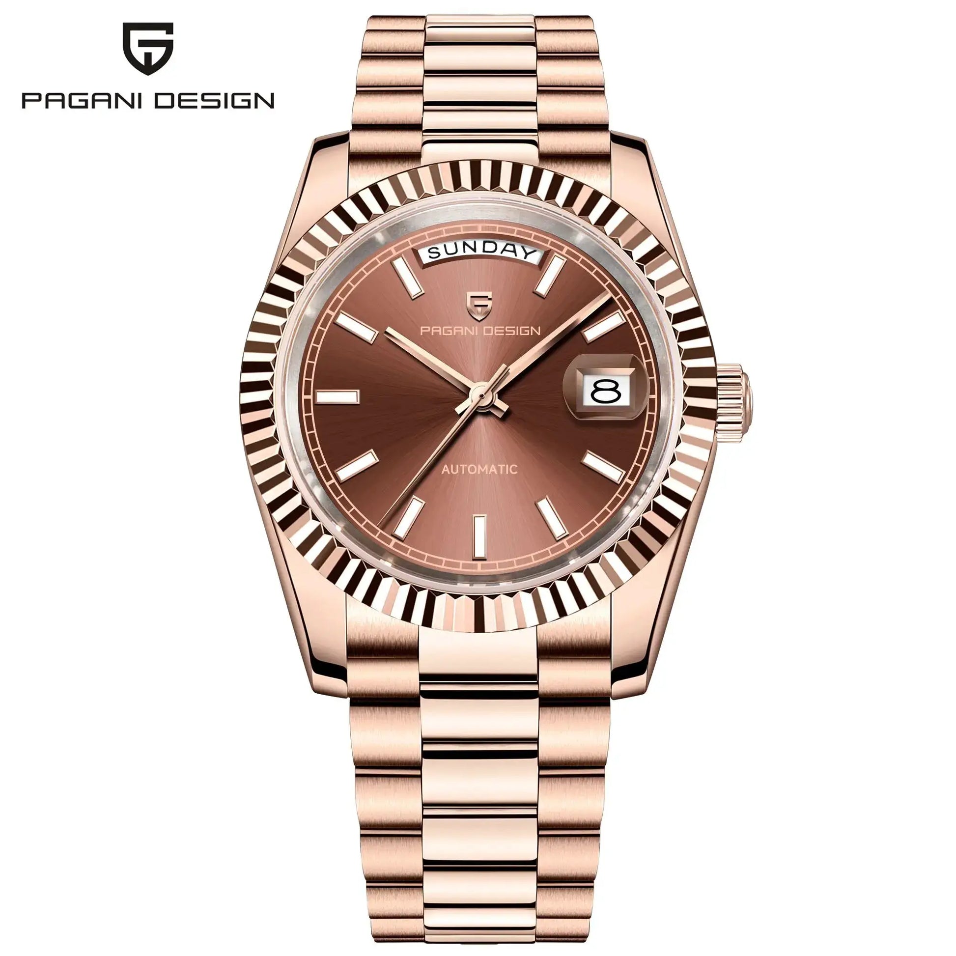 PAGANI DESIGN rose-gold automatic men's wristwatch with date window and dial logo