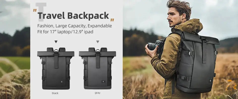 HK Large 15.6in laptop backpack in black and gray with USB port; anti-theft travel backpack