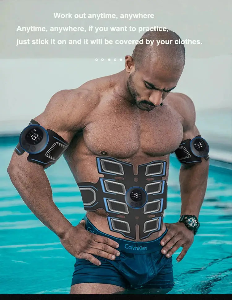 USB rechargeable abdominal muscle trainer belt with two arm cuffs, black and blue, Simples Market