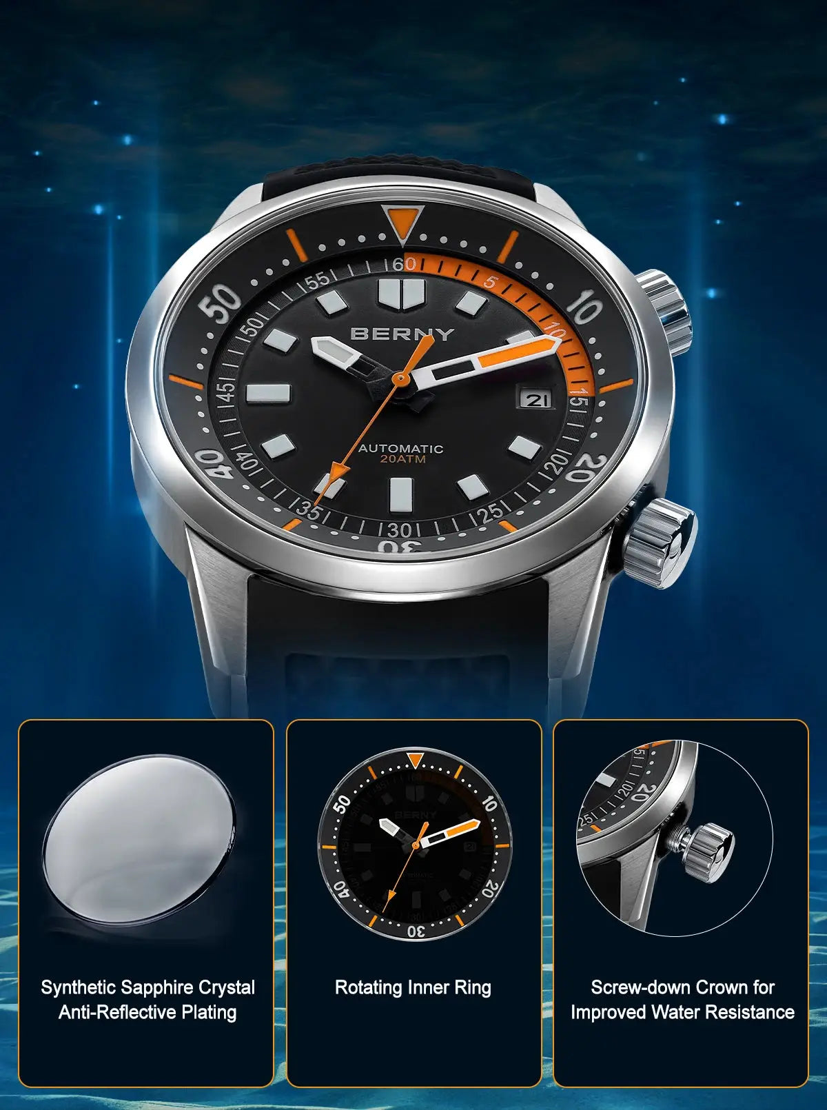 BERNY men's dive watch by Simples Market, 42mm case, black dial with orange accents, 200m water resistant.