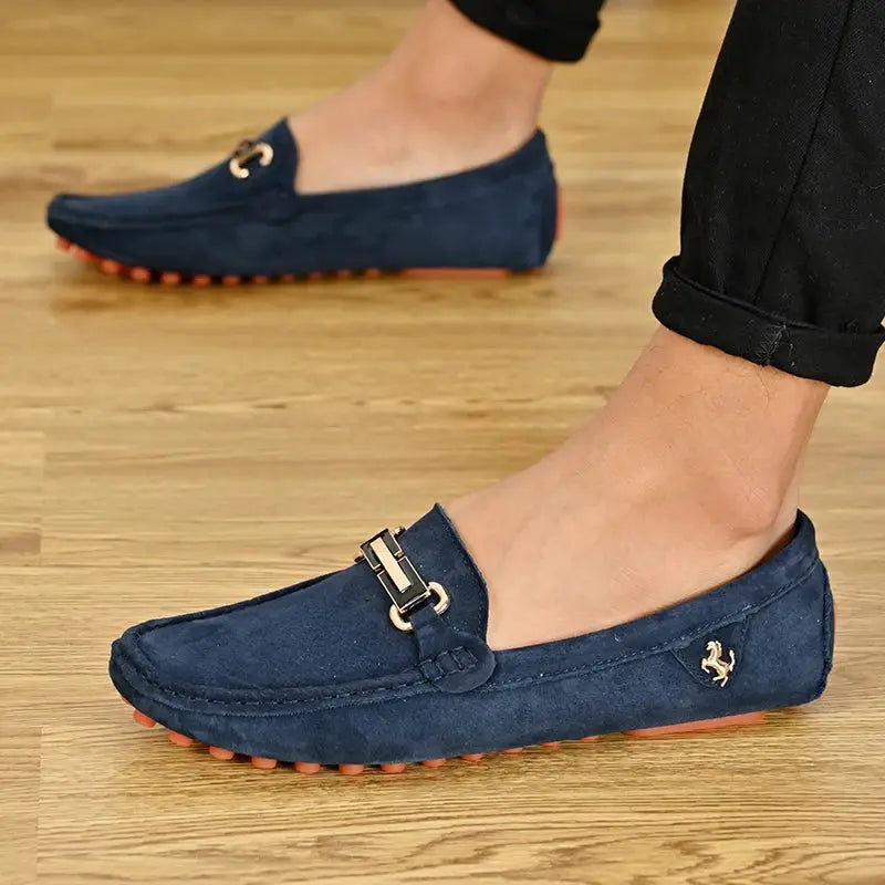 YRZL men’s suede loafers in navy blue with gold buckle, slip-on driving moccasins with orange outsole