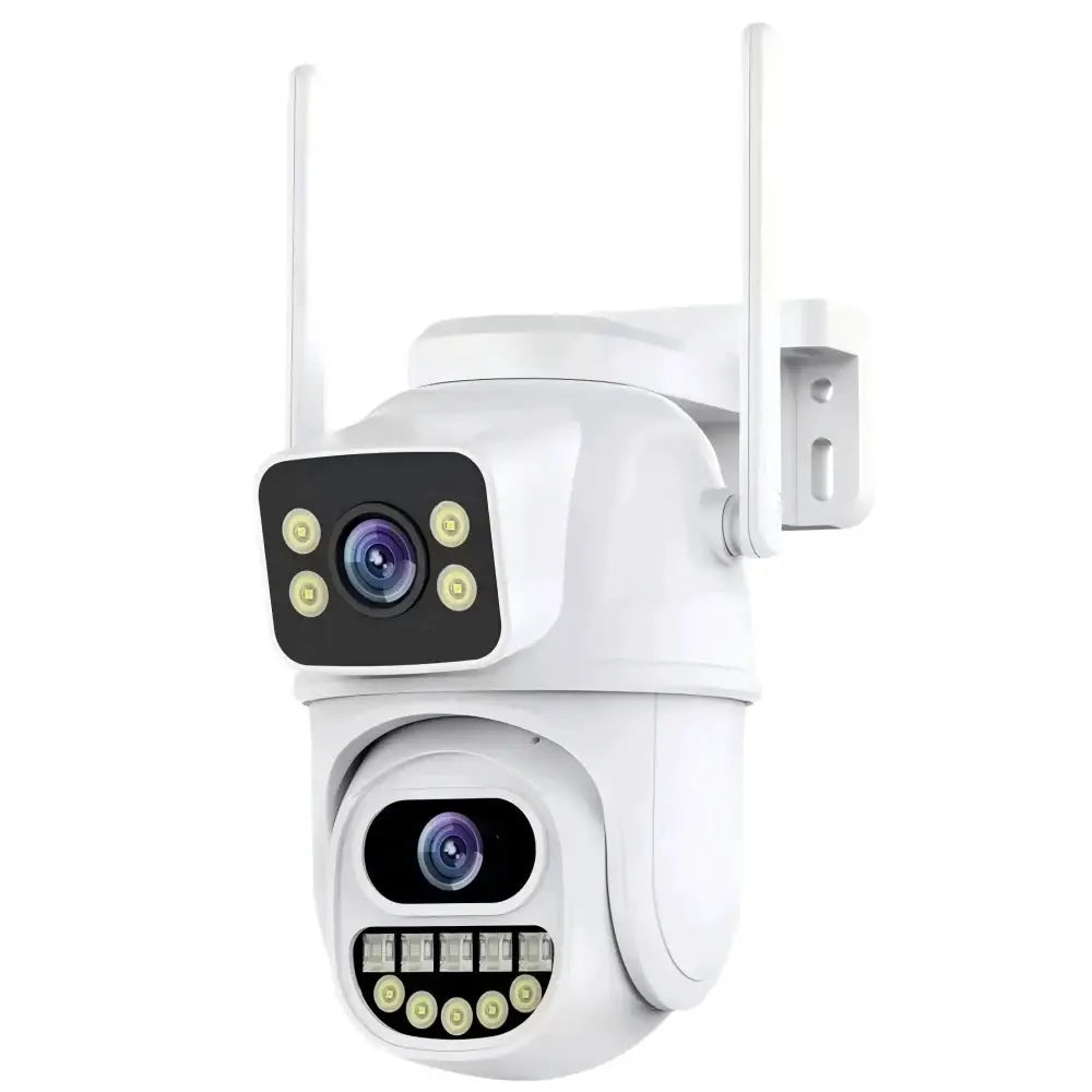 White outdoor security camera with 360° view, dual lenses, LED ring, wall-mounted bracket