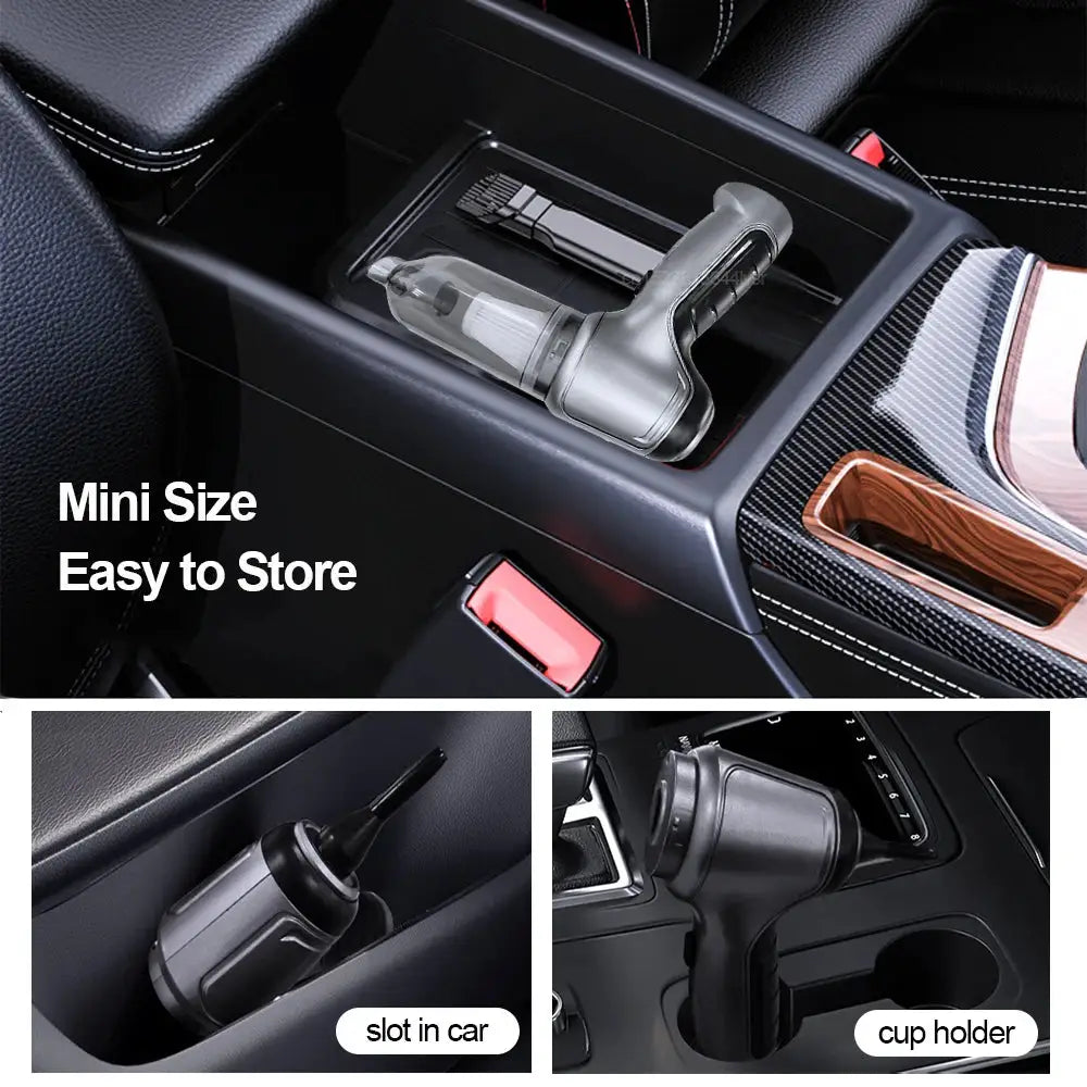 Simples Market car vacuum cleaner, compact wireless handheld with nozzle and attachments in car console cup holder.
