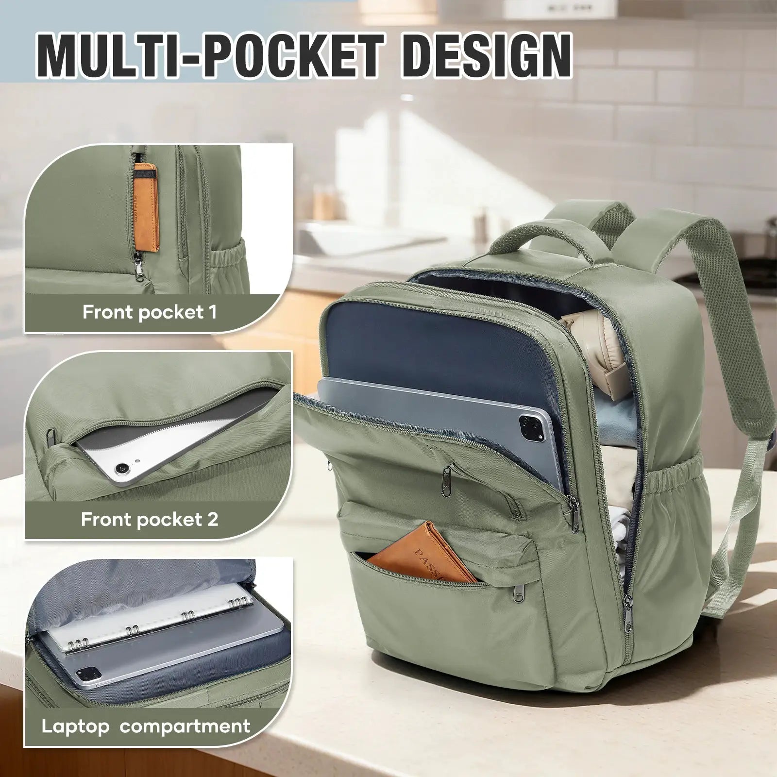 Simples Market green cabin travel backpack 40x30x20 with multiple pockets and 15.6 inch laptop compartment