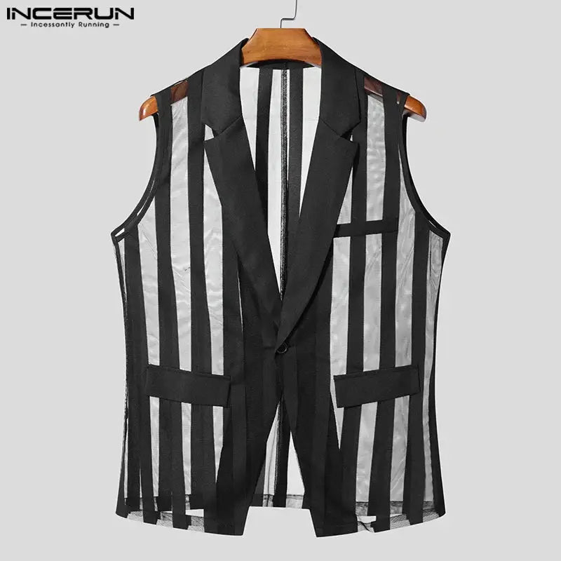 Men's mesh striped sleeveless vest by INCERUN with lapel, transparent black-gray stripes, one-button front pockets