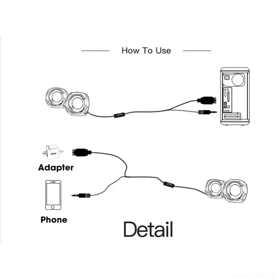 Computer speakers with two small wired drivers connected to PC or phone via USB and 3.5mm cable; how-to diagram