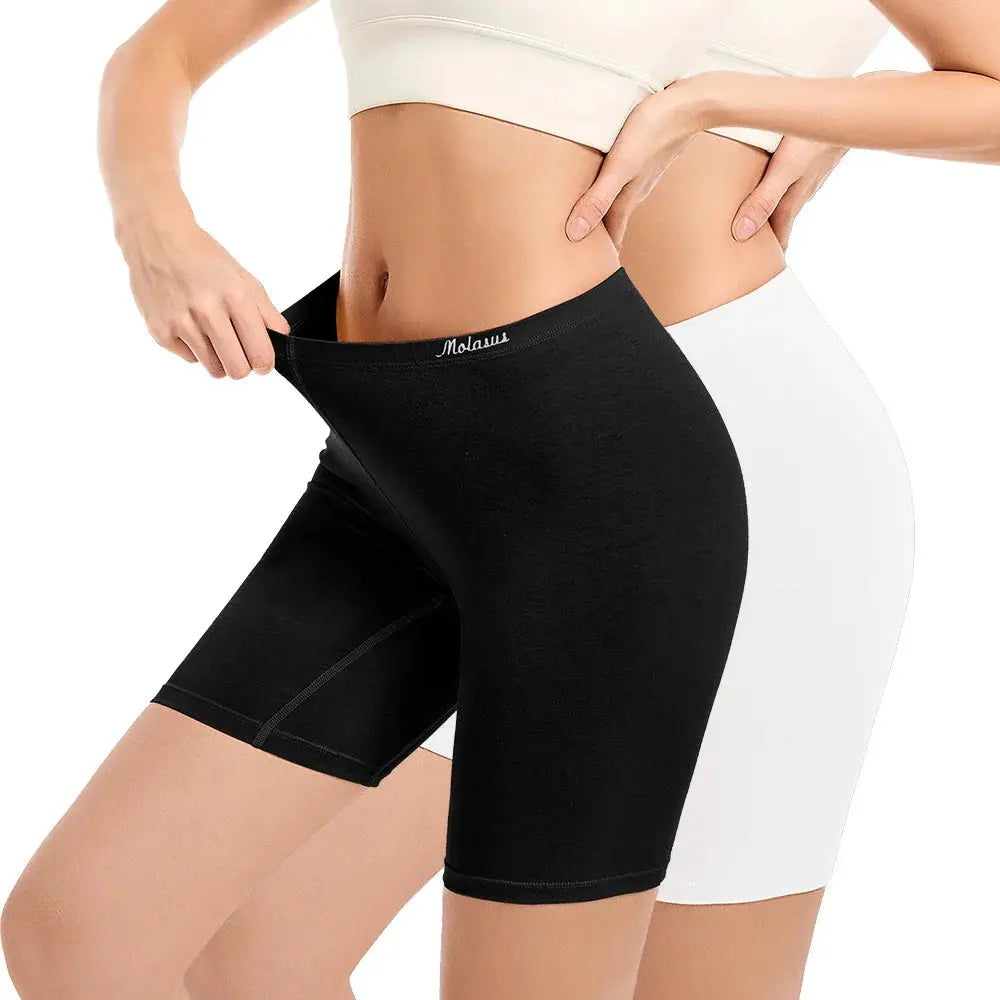 Molasus women's black cotton biker shorts underwear; high-waisted, anti-chafe, white variant also shown