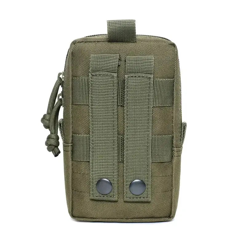 Olive green tactical Molle pouch waist bag with dual back straps and webbing for EDC gear.