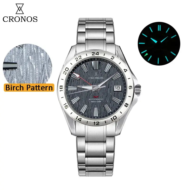 Cronos GS men's stainless steel watch with birch-pattern dial, 39mm case, GMT bezel, automatic movement, glow blue lume