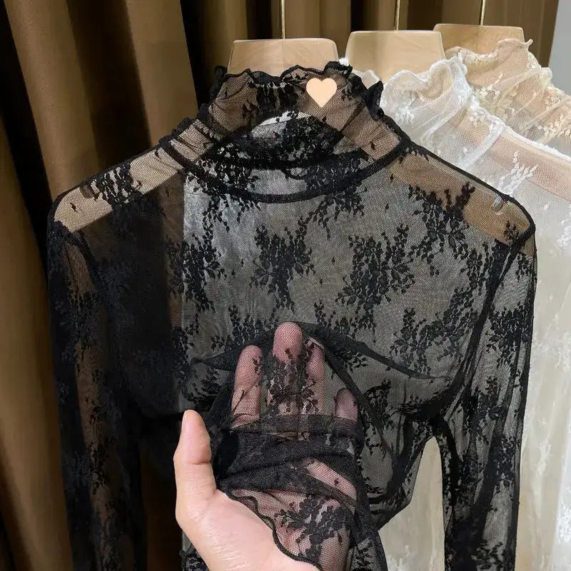 AstraNova Mesh Couture Black Hollow Out Turtleneck Top Sheer See Through Long Sleeve Womens Shirt
