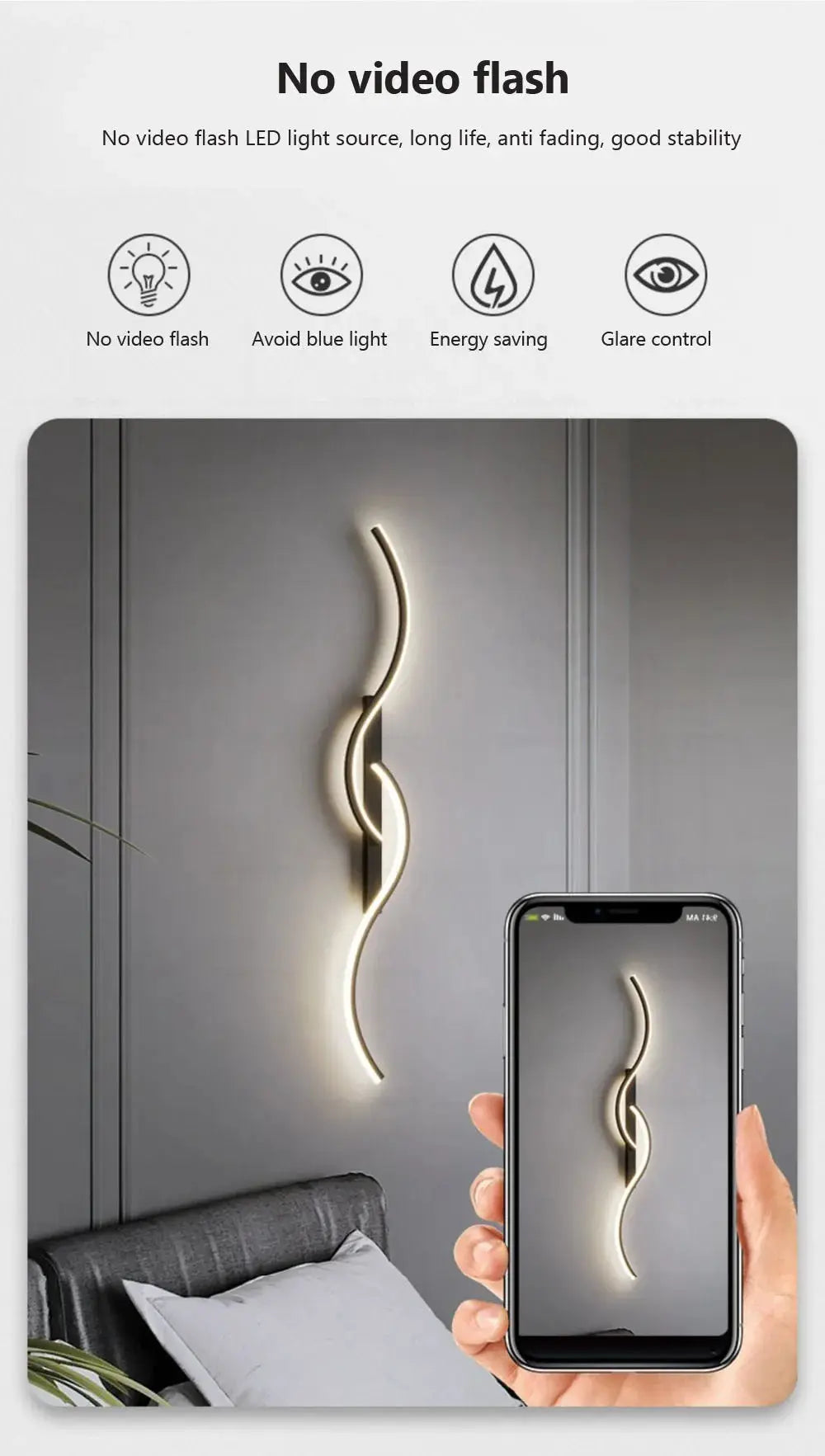 Modern LED wall lamp; minimalist curved strip sconce with warm white light