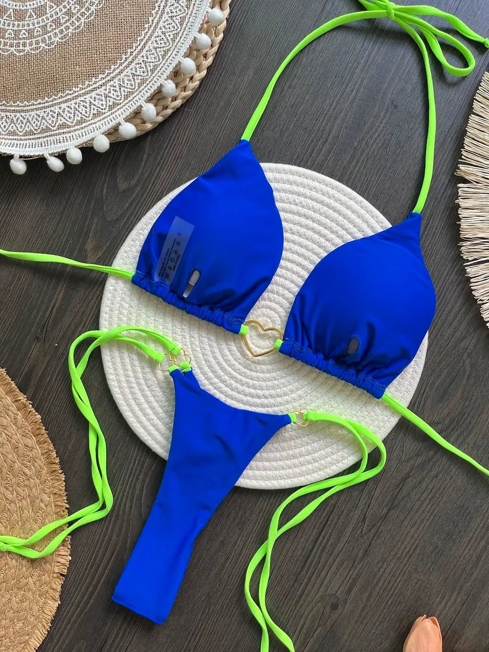 RUOTONSEPT blue bikini set with neon lime straps, triangle top and thong bottoms.