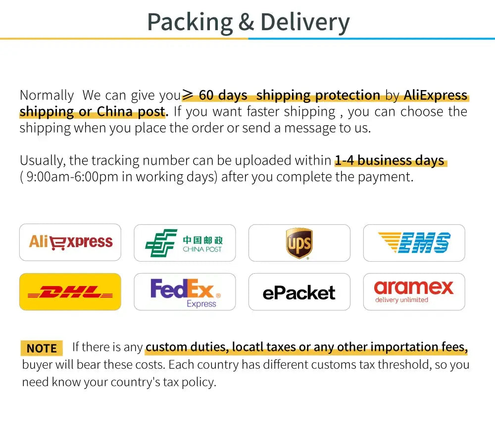 Delivery logos for AliExpress, China Post, UPS, EMS, DHL, FedEx Express, ePacket, Aramex