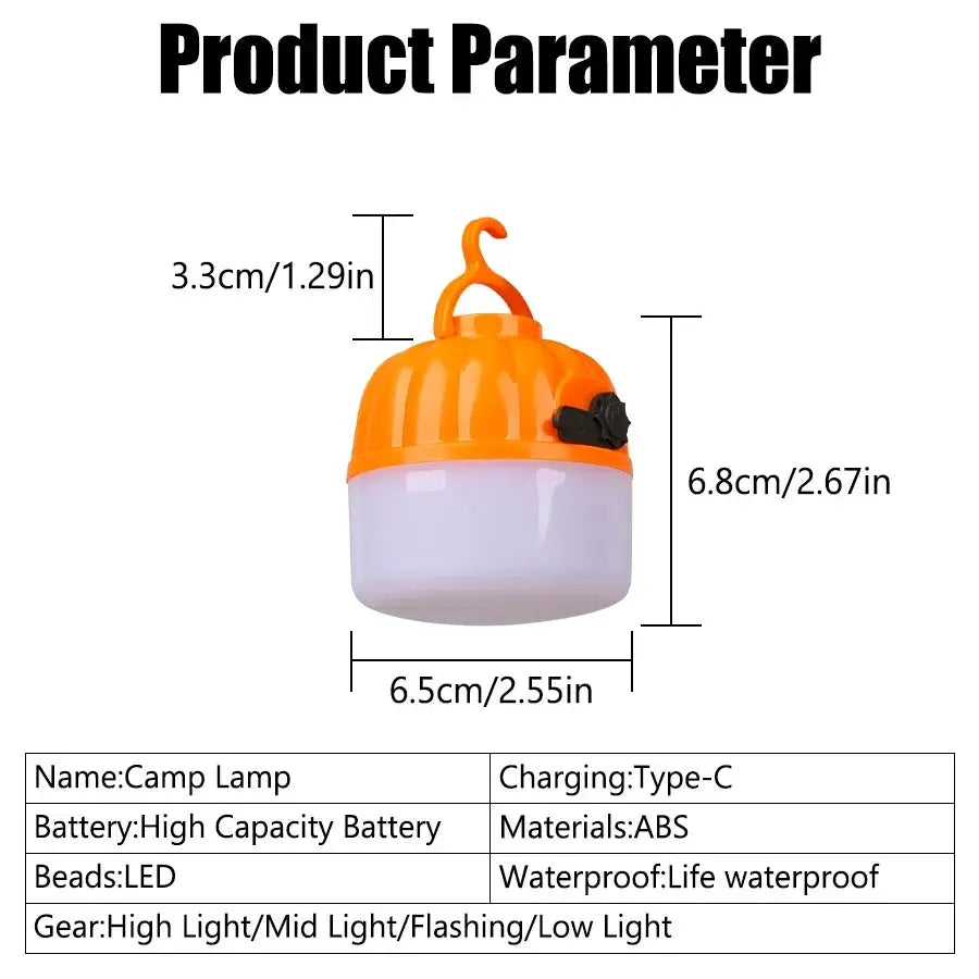500W LED camping lantern by Simples Market, orange ABS portable lamp with USB-C charging and power display