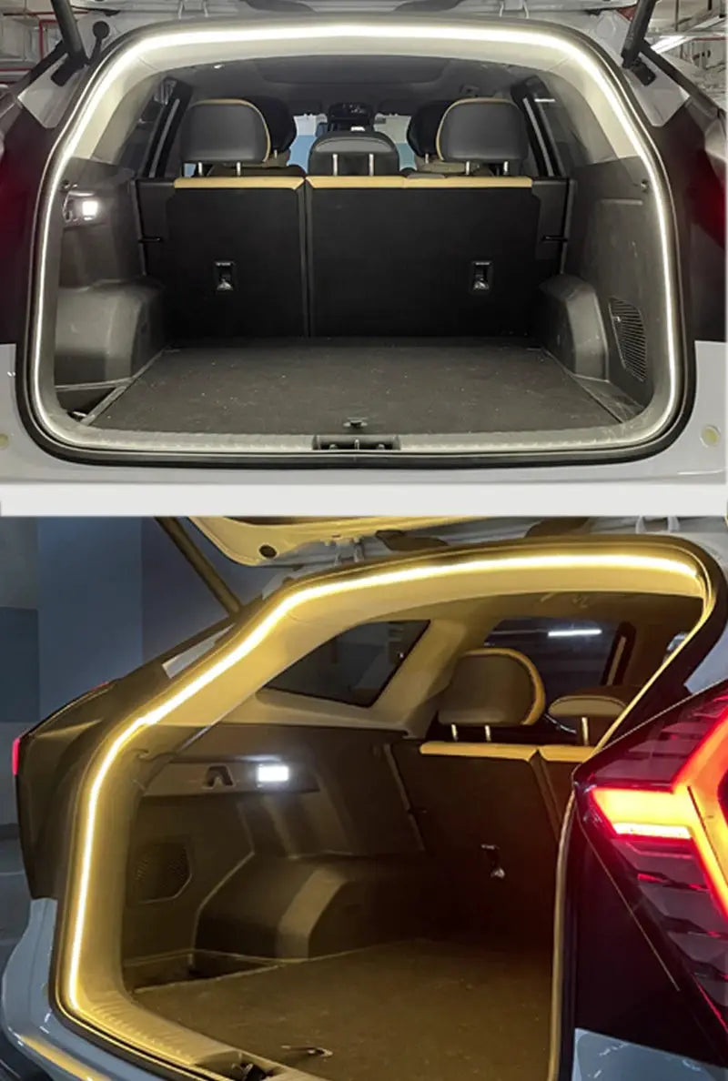 Car trunk LED light strip by Simples Market, warm yellow glow, wireless auto-sensing tailgate light.