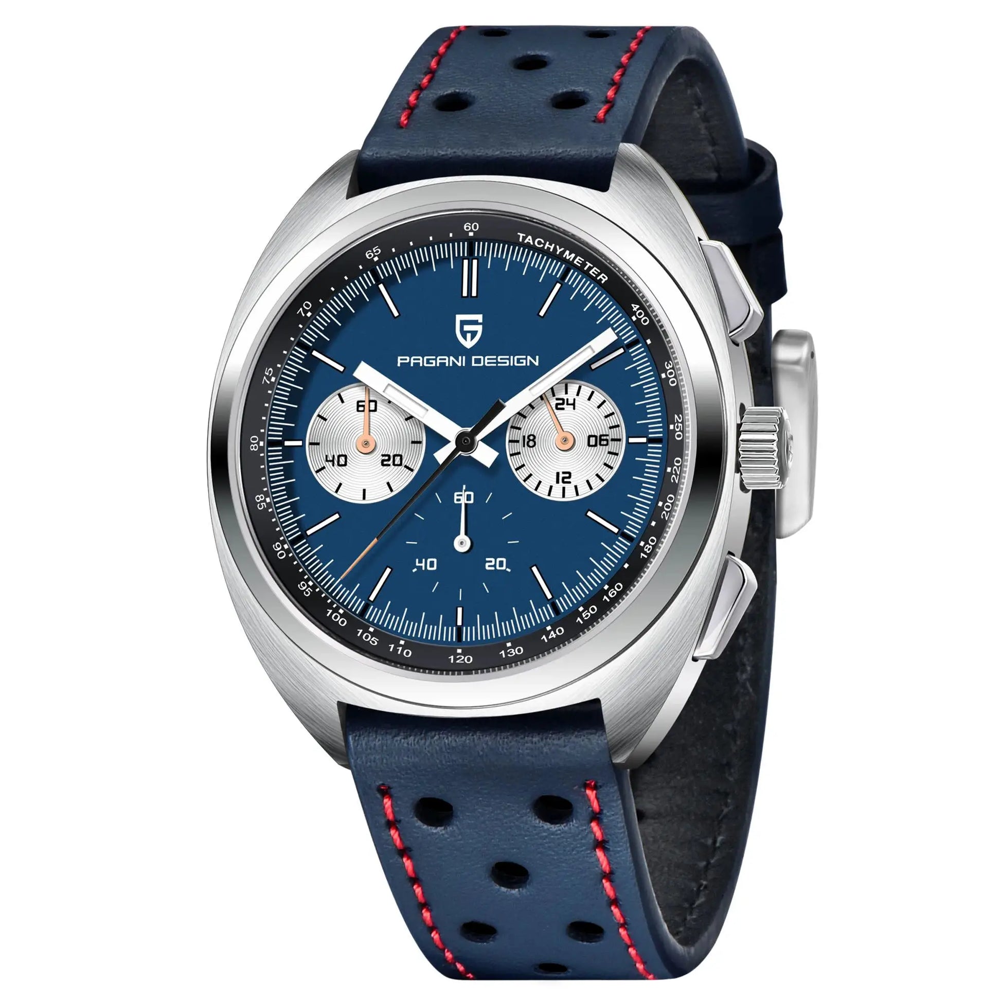 PAGANI DESIGN Panda Dial men's chronograph watch with blue dial, stainless steel case, blue strap with red stitching