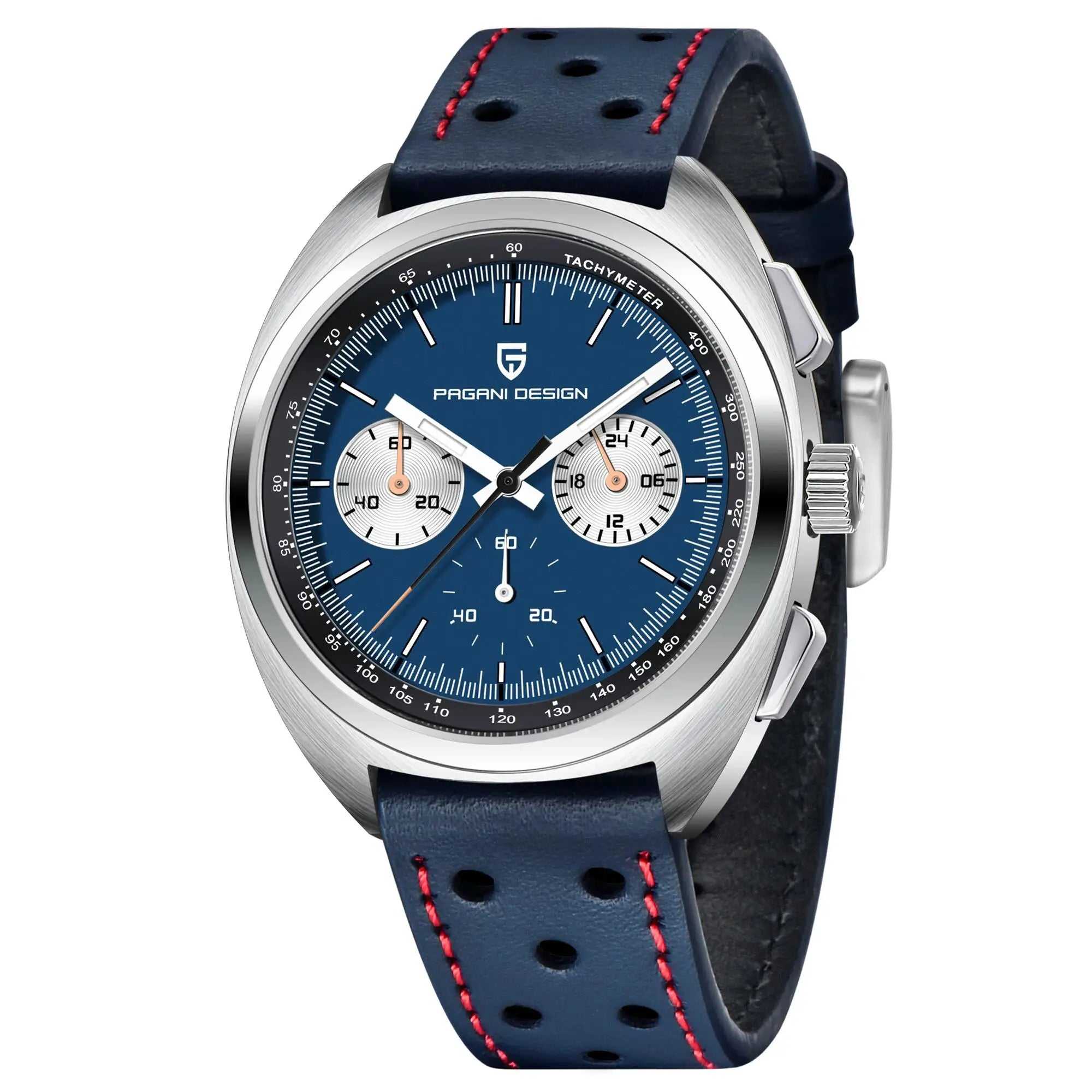 PAGANI DESIGN Panda Dial men's chronograph watch with blue dial, stainless steel case, blue strap with red stitching