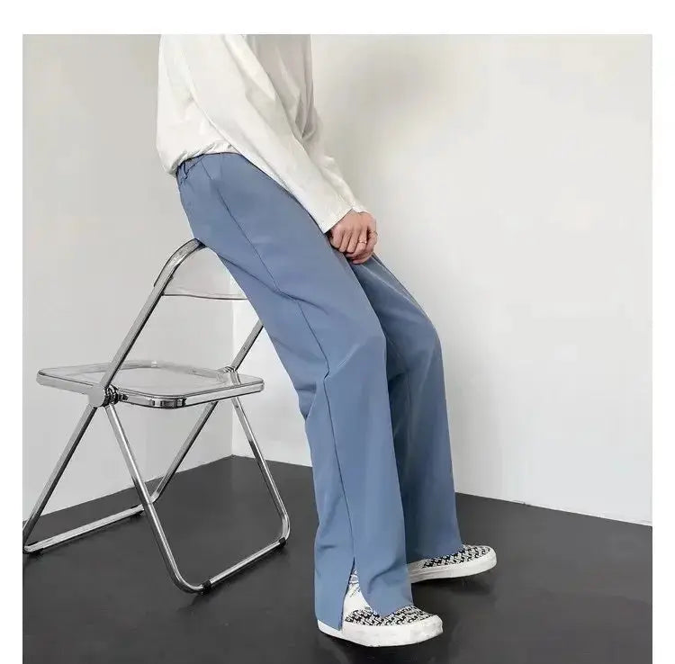 Men's straight baggy casual pants by Simples Market in blue-gray streetwear style.