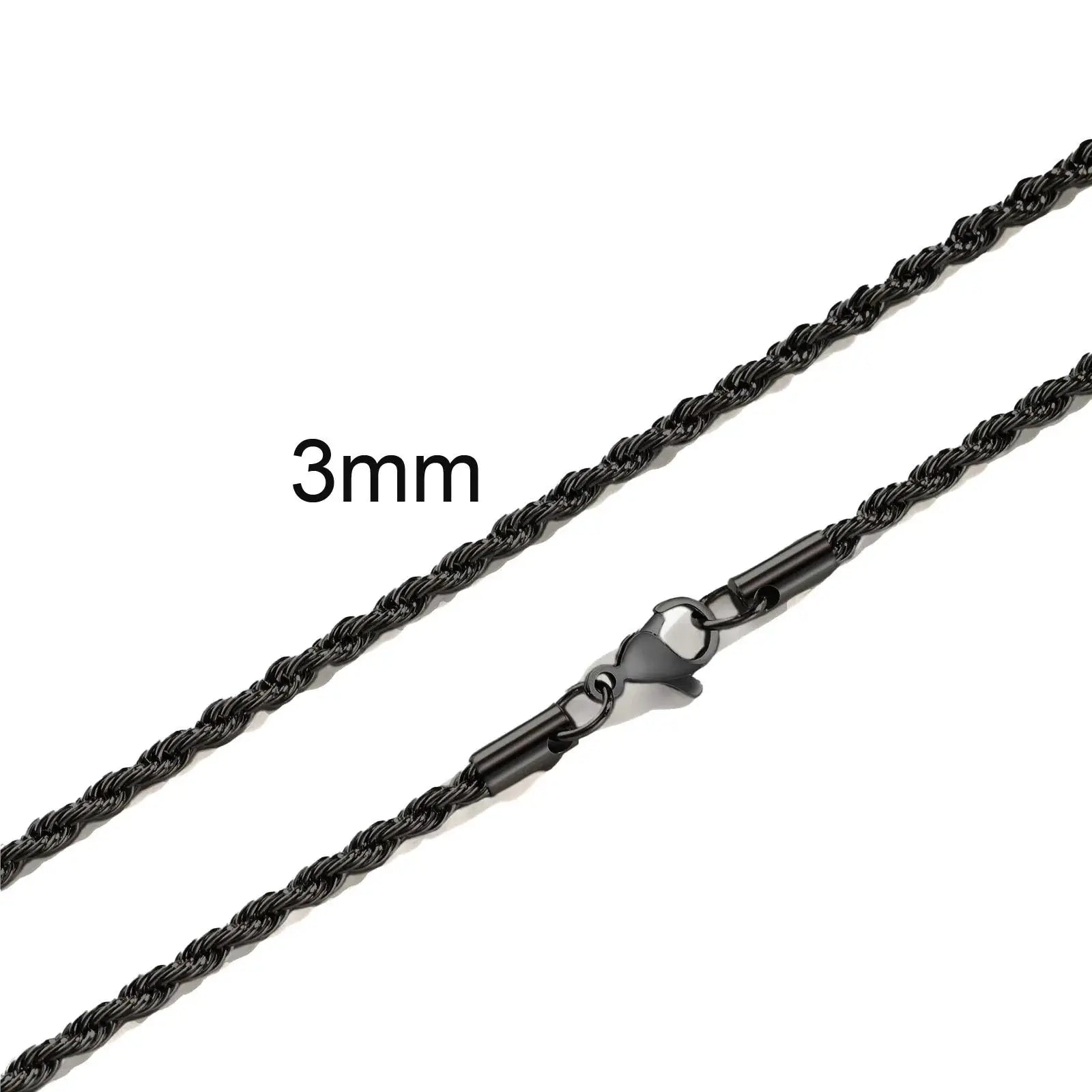 Simples Market rope chain necklace in black stainless steel, 3mm twisted rope with lobster clasp, 16–36 inches