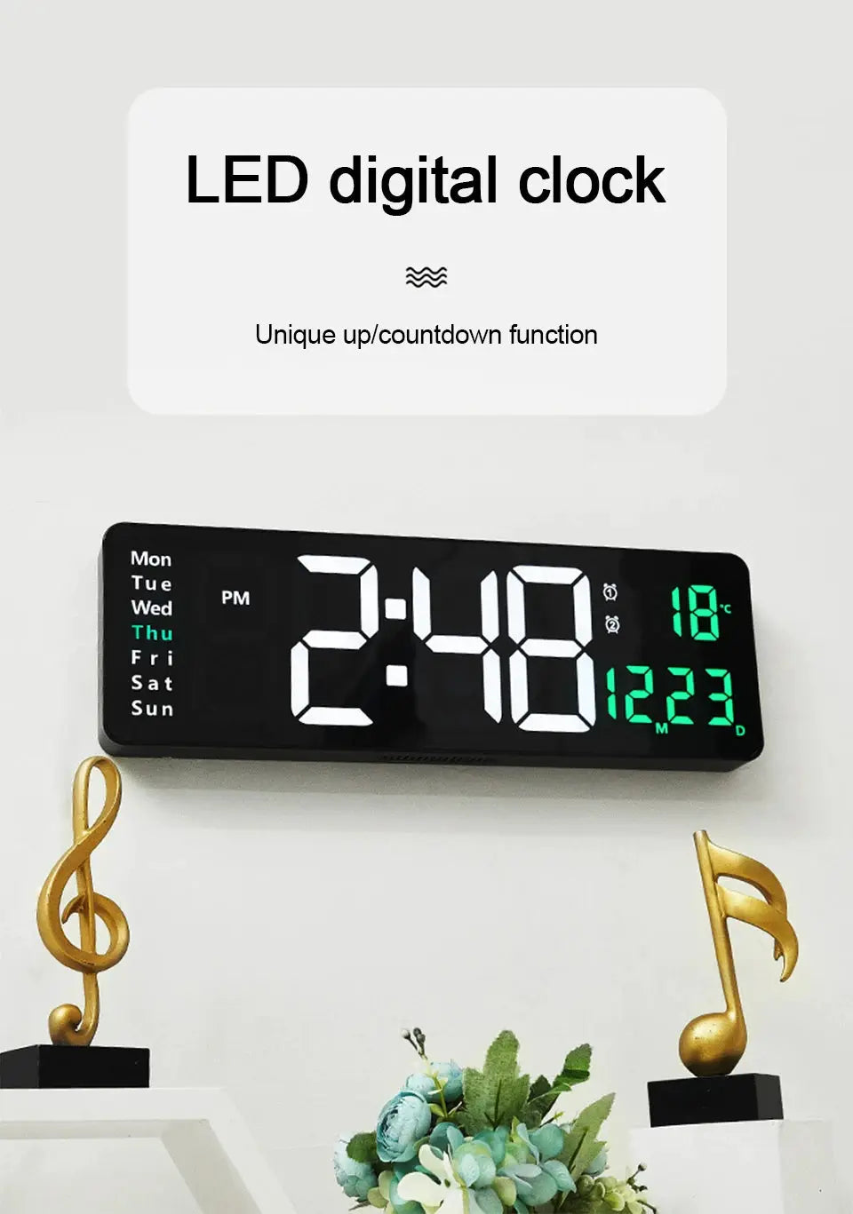 Simples Market black LED digital wall clock with large white time digits, green date and temperature display, weekday indicators
