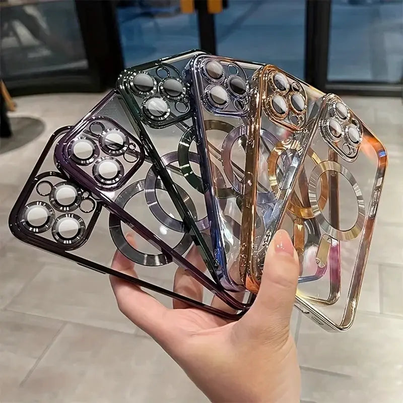 Set of 6 luxury clear magnetic MagSafe cases for iPhone 11–17 Pro Max, transparent with metallic edges