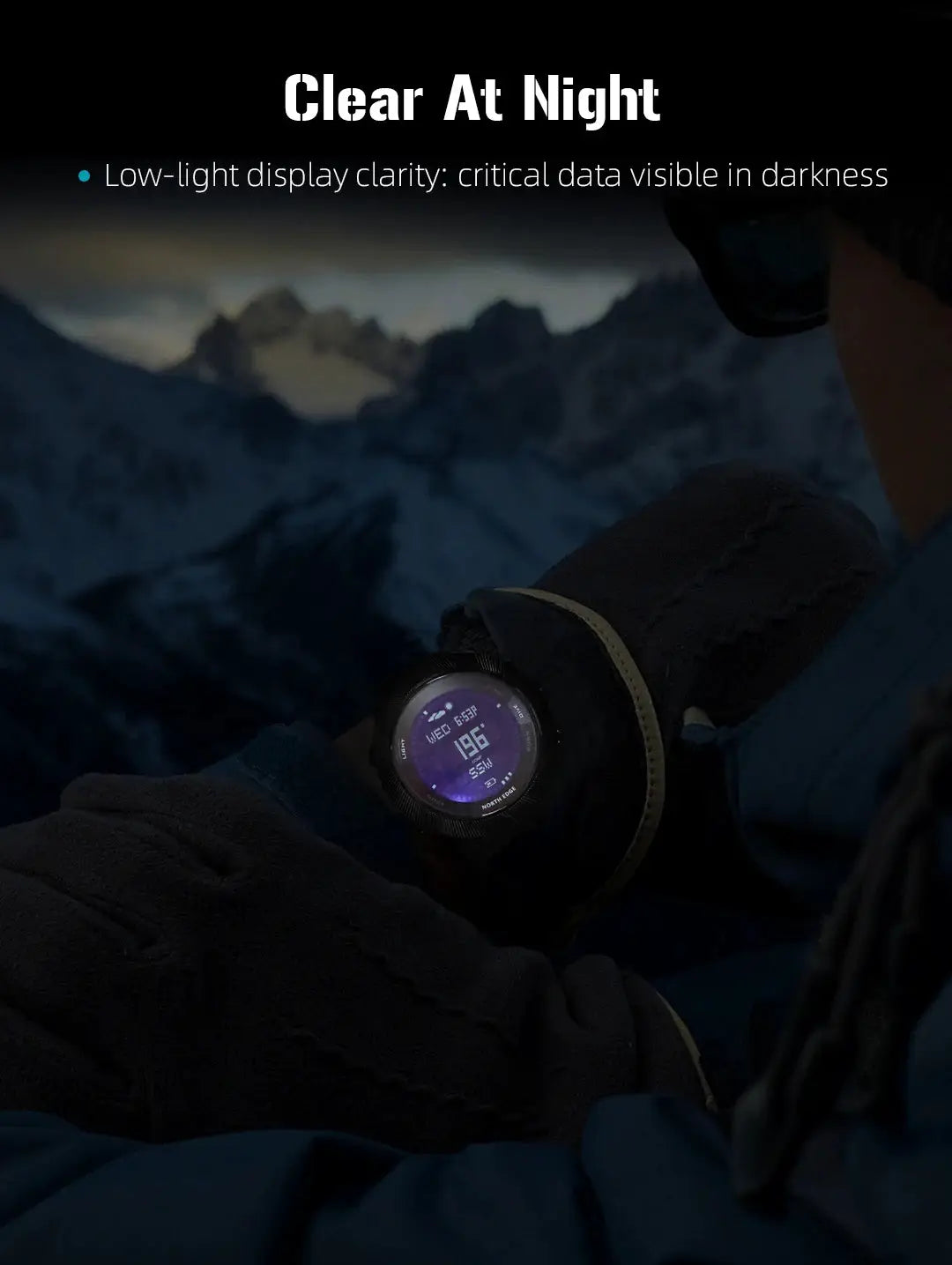 North Edge Apache-D men's digital dive watch on wrist; black strap, purple display, outdoor night adventure.