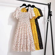 Spring Summer Floral Chiffon Midi Dress For Women With Elastic Waist Short Sleeves Backless Casual Printed