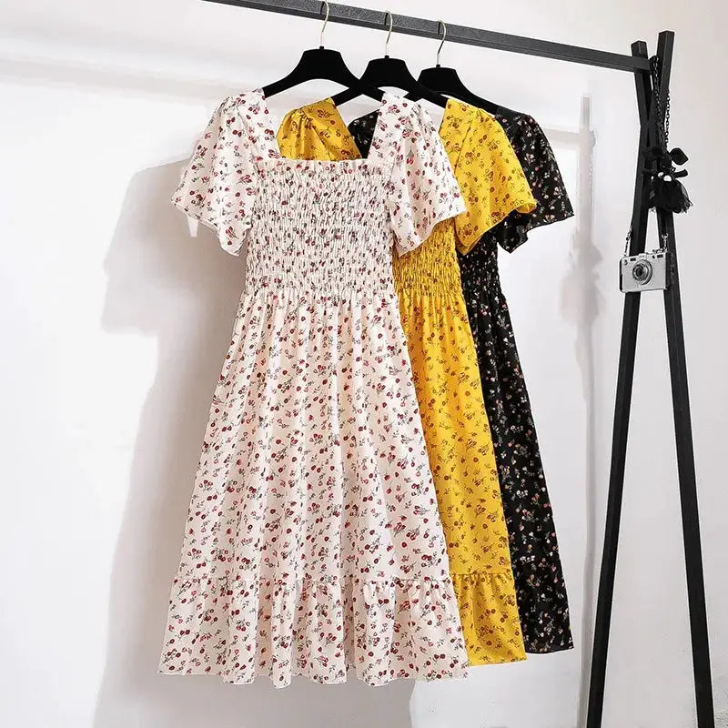 Spring Summer Floral Chiffon Midi Dress For Women With Elastic Waist Short Sleeves Backless Casual Printed