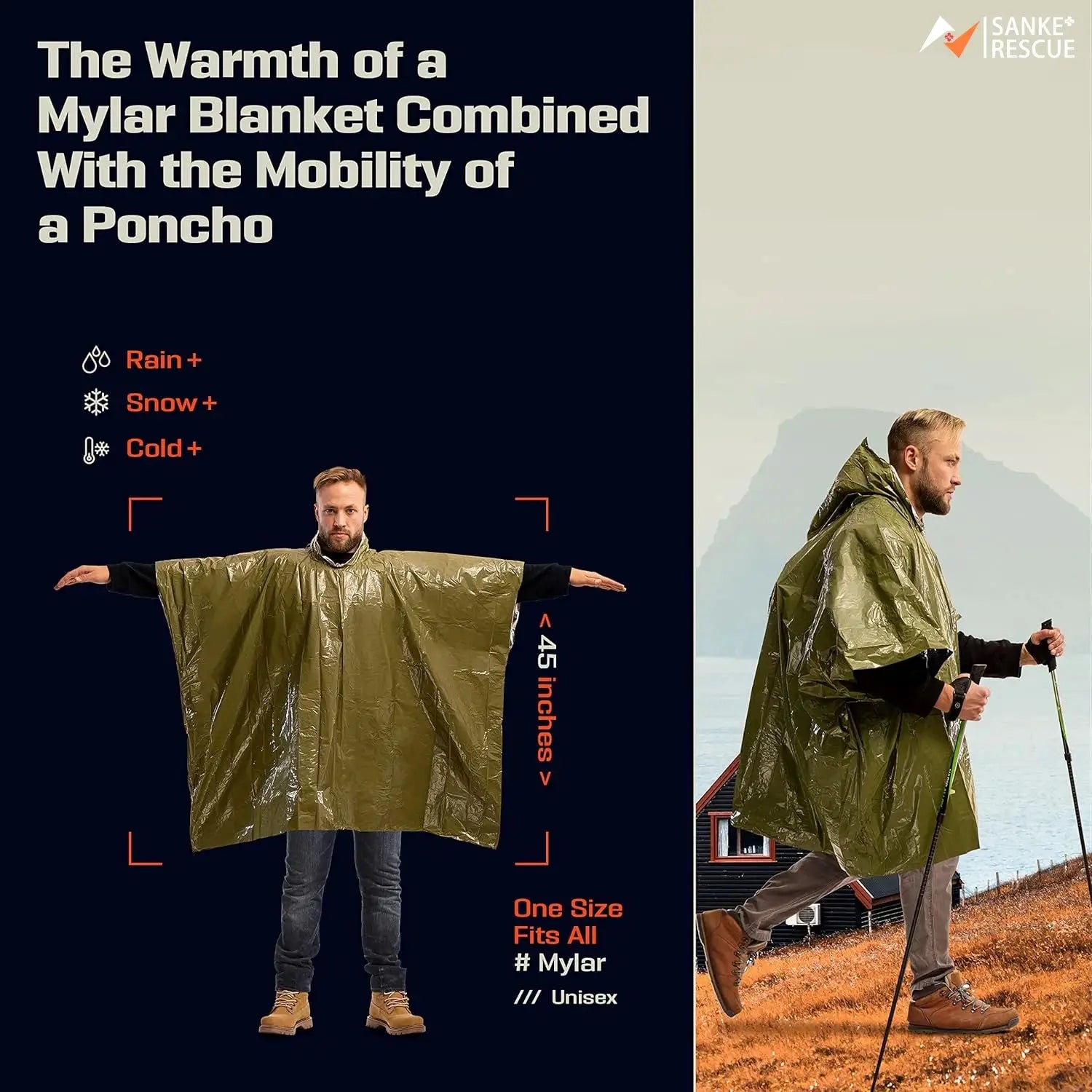 Emergency Waterproof Poncho With Aluminum Film Disposable Thermal Blanket For Camping Survival Gear And Rain Protection