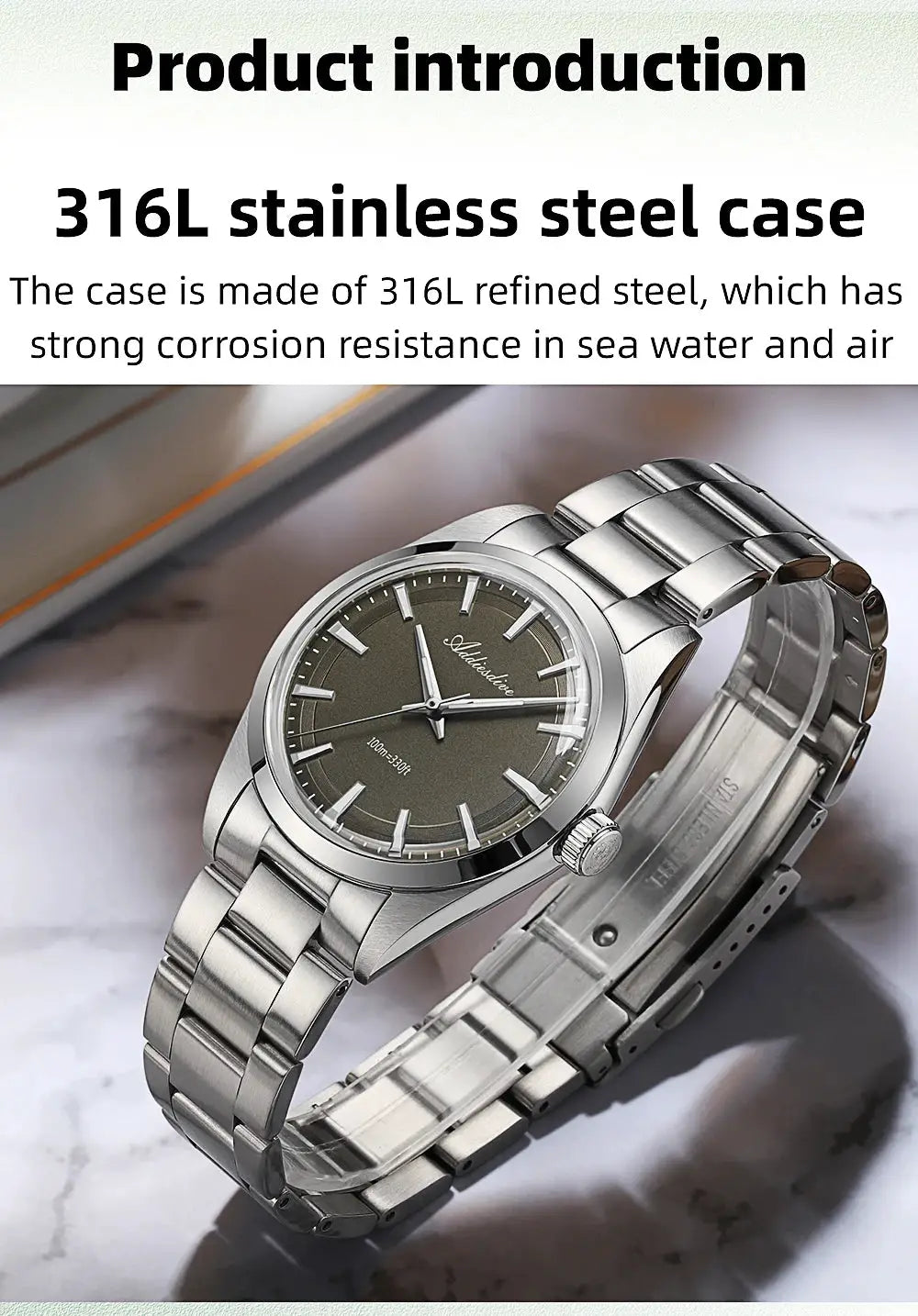 Addiesdive 36mm men's stainless steel watch with dark gray dial and silver indices