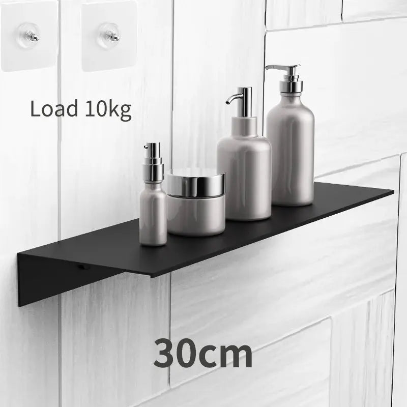 Floating bathroom shelf without drilling, black 30cm wall-mounted storage rack with 4 containers