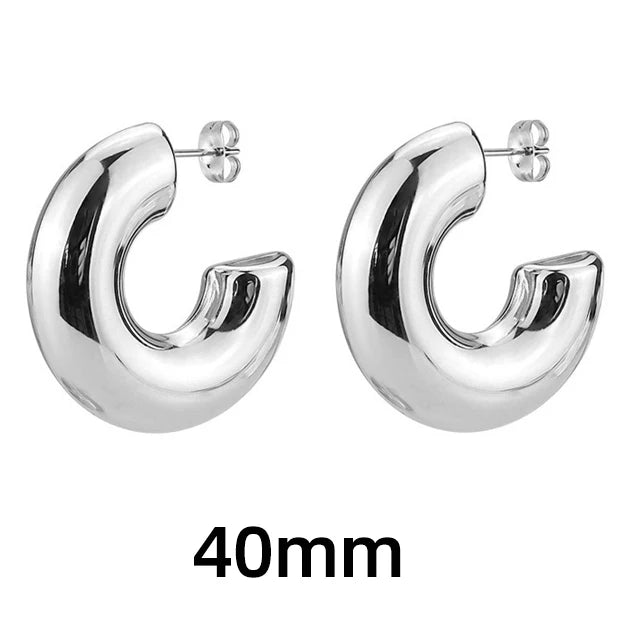 Classic silver C-shaped chunky hoop earrings, 40mm stainless steel, Simples Market